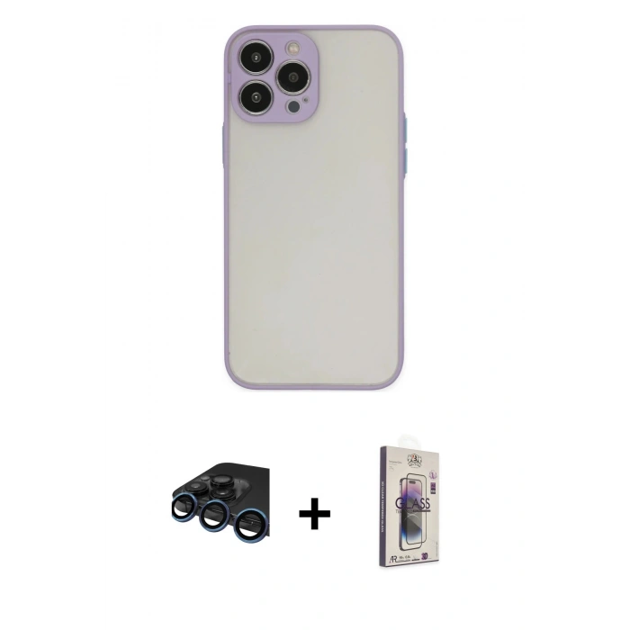MARSİLYAN™- iPhone 15 Pro Kılıf Ahenk Çizgi Serisi - Siyah Bilvis 3D Cam Ekran Koruyucu + Raze Metal Kamera Lens - LT
