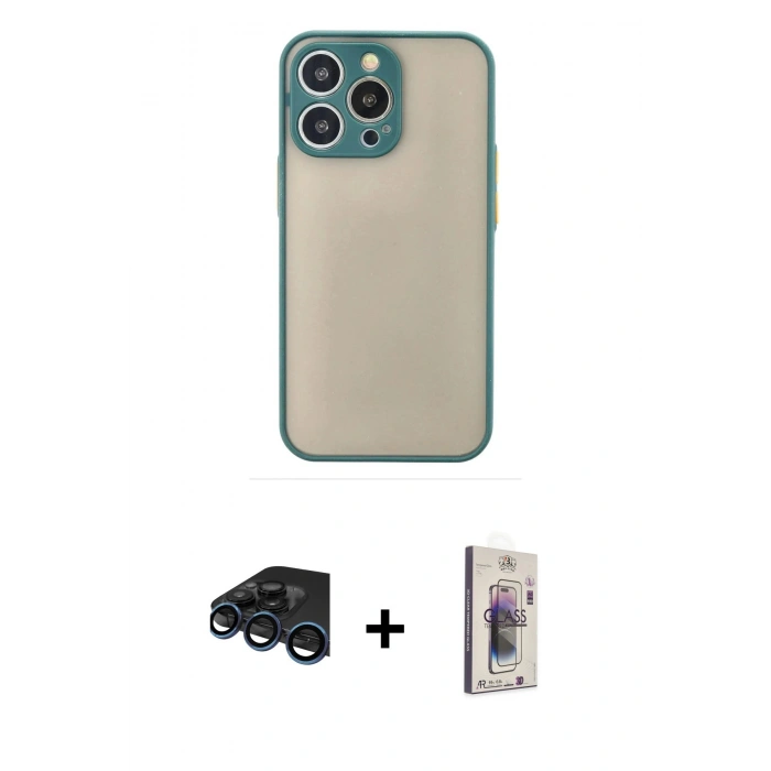 MARSİLYAN™- iPhone 15 Pro Kılıf Ahenk Çizgi Serisi - Siyah Bilvis 3D Cam Ekran Koruyucu + Raze Metal Kamera Lens - LT