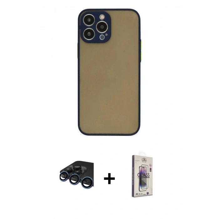 MARSİLYAN™- iPhone 15 Pro Kılıf Ahenk Çizgi Serisi - Siyah Bilvis 3D Cam Ekran Koruyucu + Raze Metal Kamera Lens - LT