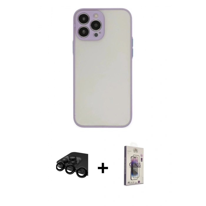 MARSİLYAN™- iPhone 15 Pro Kılıf Ahenk Çizgi Serisi - Siyah Bilvis 3D Cam Ekran Koruyucu + Raze Metal Kamera Lens - SH