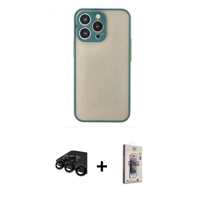 MARSİLYAN™- iPhone 15 Pro Kılıf Ahenk Çizgi Serisi - Siyah Bilvis 3D Cam Ekran Koruyucu + Raze Metal Kamera Lens - SH