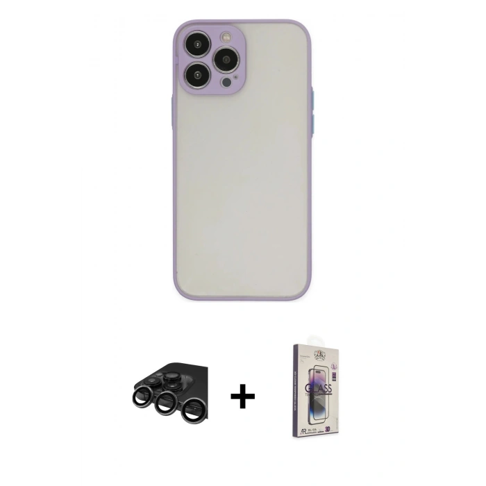 MARSİLYAN™- iPhone 15 Pro Kılıf Ahenk Çizgi Serisi - Siyah Bilvis 3D Cam Ekran Koruyucu + Raze Metal Kamera Lens - TMGI