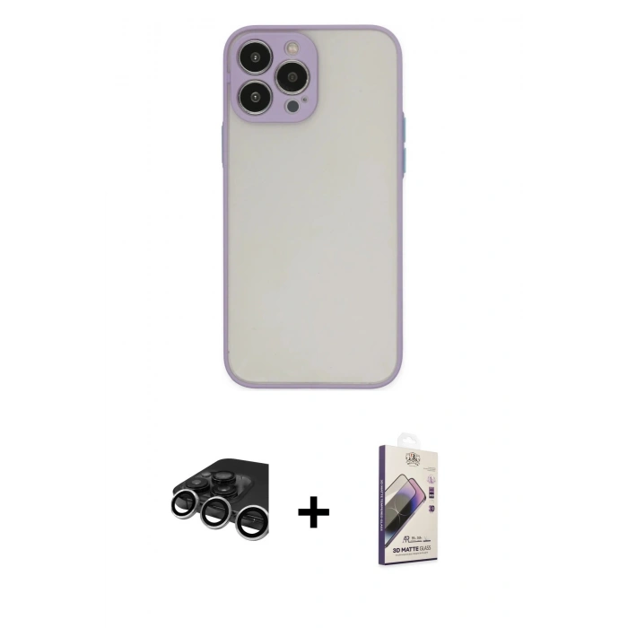MARSİLYAN™- iPhone 15 Pro Kılıf Ahenk Çizgi Serisi - Siyah Bilvis 3D Mat Cam Ekran Koruyucu + Raze Metal Kamera Lens - GS