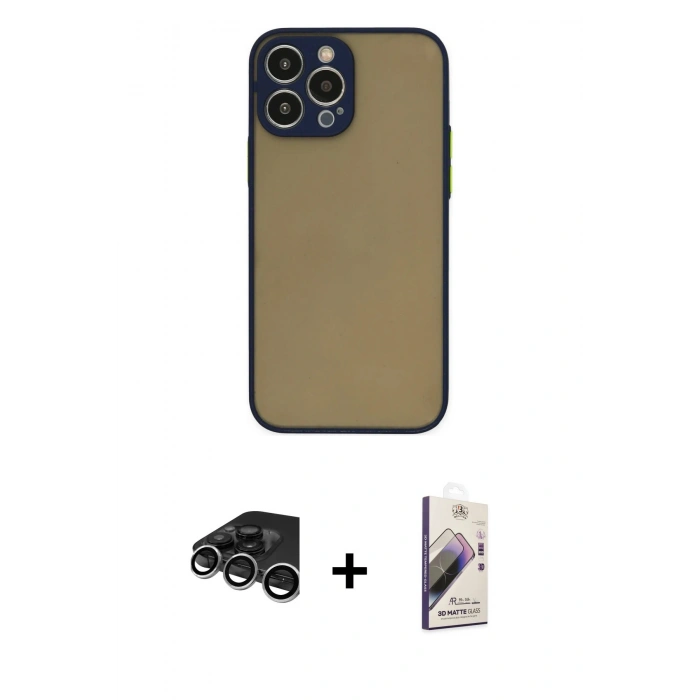 MARSİLYAN™- iPhone 15 Pro Kılıf Ahenk Çizgi Serisi - Siyah Bilvis 3D Mat Cam Ekran Koruyucu + Raze Metal Kamera Lens - GS