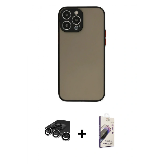 MARSİLYAN™- iPhone 15 Pro Kılıf Ahenk Çizgi Serisi - Siyah Bilvis 3D Mat Cam Ekran Koruyucu + Raze Metal Kamera Lens - GS