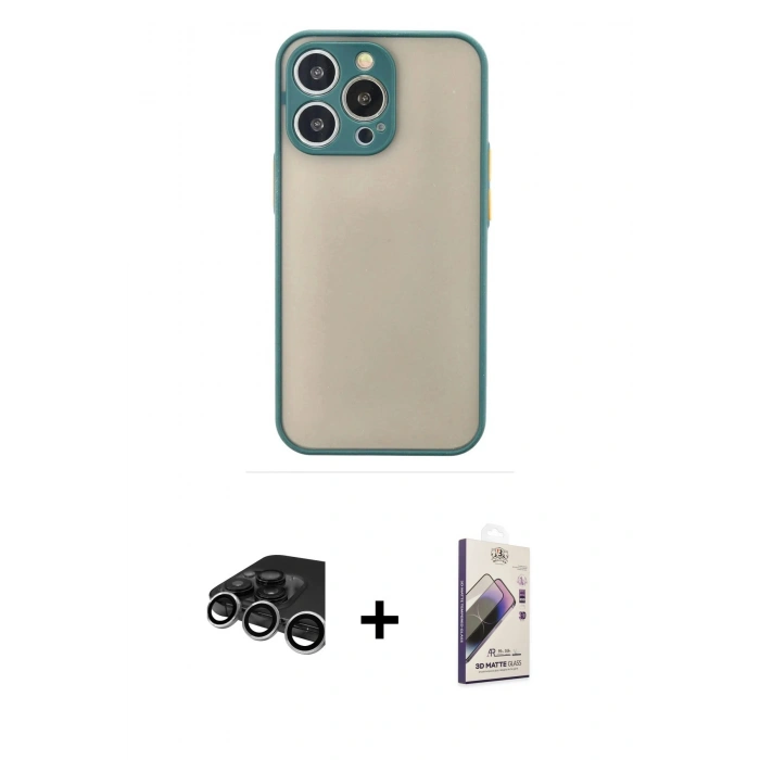 MARSİLYAN™- iPhone 15 Pro Kılıf Ahenk Çizgi Serisi - Siyah Bilvis 3D Mat Cam Ekran Koruyucu + Raze Metal Kamera Lens - GS