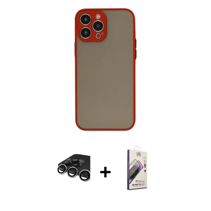 MARSİLYAN™- iPhone 15 Pro Kılıf Ahenk Çizgi Serisi - Siyah Bilvis 3D Mat Cam Ekran Koruyucu + Raze Metal Kamera Lens - GS