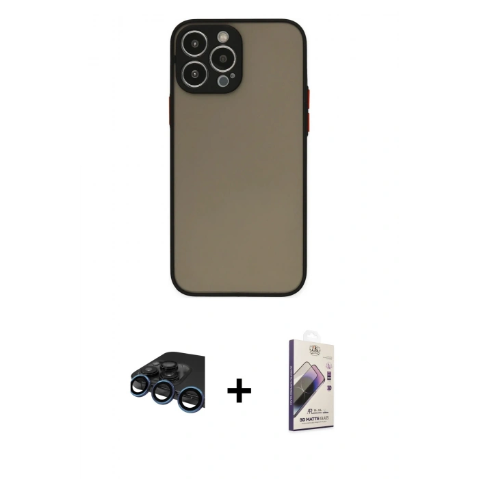 MARSİLYAN™- iPhone 15 Pro Kılıf Ahenk Çizgi Serisi - Siyah Bilvis 3D Mat Cam Ekran Koruyucu + Raze Metal Kamera Lens - LT