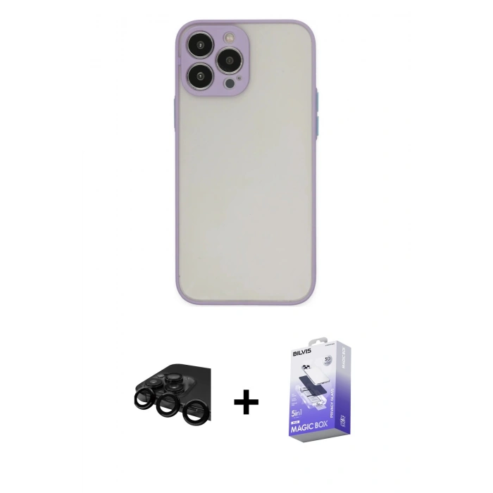 MARSİLYAN™- iPhone 15 Pro Kılıf Ahenk Çizgi Serisi - Siyah Bilvis 5in1 5D Magic Hayalet Cam Ekran Koruyucu + Raze Metal Kamera Lens - SH