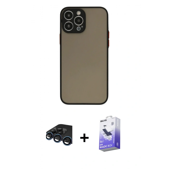 MARSİLYAN™- iPhone 15 Pro Kılıf Ahenk Çizgi Serisi - Siyah Bilvis 5in1 5D Magic Hayalet Cam Ekran Koruyucu + Raze Metal Kamera Lens - LT