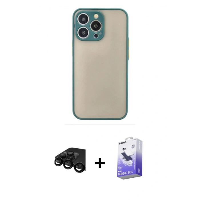 MARSİLYAN™- iPhone 15 Pro Kılıf Ahenk Çizgi Serisi - Siyah Bilvis 5in1 5D Magic Hayalet Cam Ekran Koruyucu + Raze Metal Kamera Lens - SH