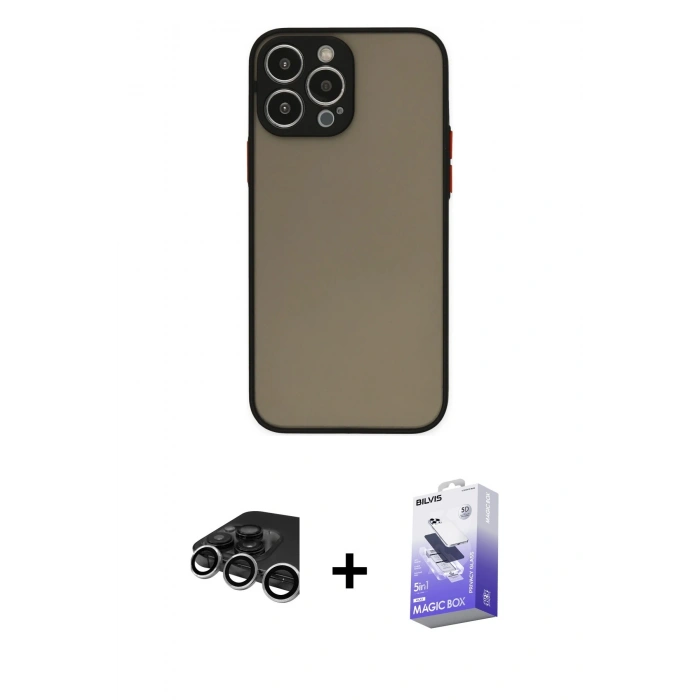 MARSİLYAN™- iPhone 15 Pro Kılıf Ahenk Çizgi Serisi - Siyah Bilvis 5in1 5D Magic Hayalet Cam Ekran Koruyucu + Raze Metal Kamera Lens - GS