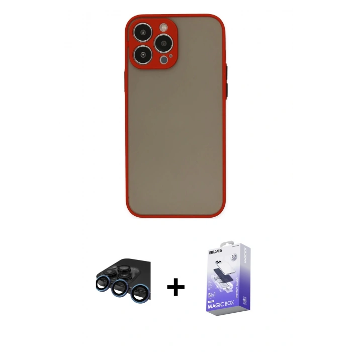 MARSİLYAN™- iPhone 15 Pro Kılıf Ahenk Çizgi Serisi - Siyah Bilvis 5in1 5D Magic Hayalet Cam Ekran Koruyucu + Raze Metal Kamera Lens - LT