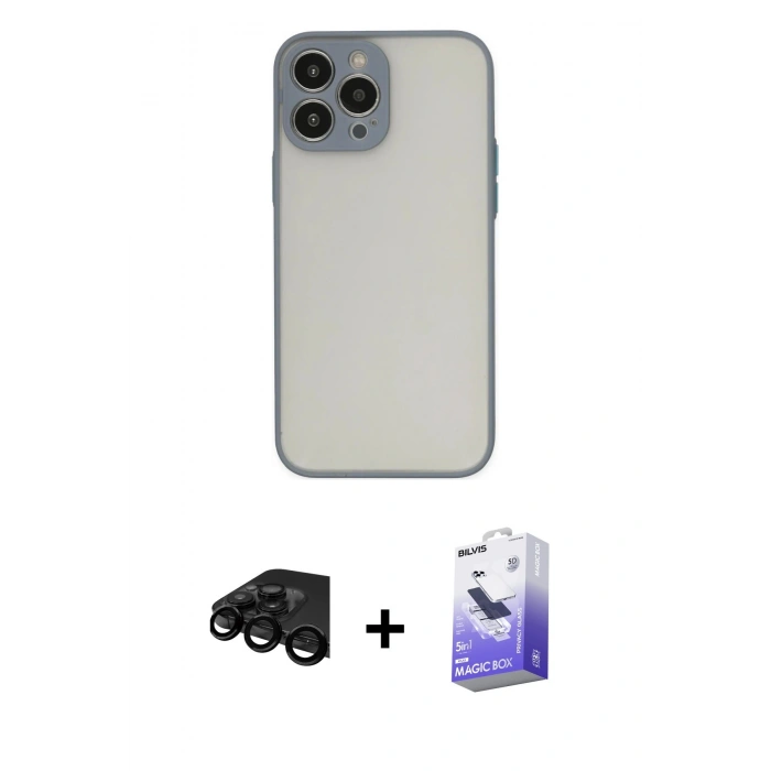 MARSİLYAN™- iPhone 15 Pro Kılıf Ahenk Çizgi Serisi - Siyah Bilvis 5in1 5D Magic Hayalet Cam Ekran Koruyucu + Raze Metal Kamera Lens - SH