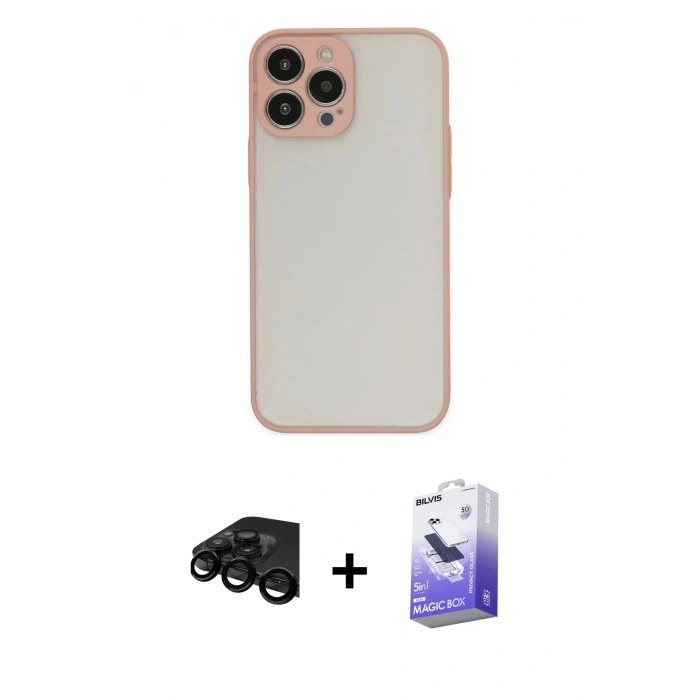 MARSİLYAN™- iPhone 15 Pro Kılıf Ahenk Çizgi Serisi - Siyah Bilvis 5in1 5D Magic Hayalet Cam Ekran Koruyucu + Raze Metal Kamera Lens - SH