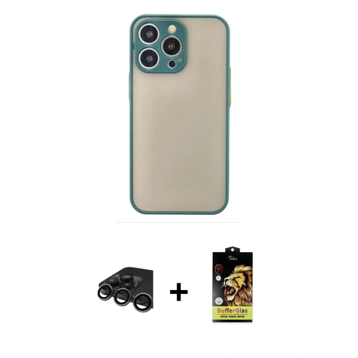MARSİLYAN™- iPhone 15 Pro Kılıf Ahenk Çizgi Serisi - Siyah Buffer Cam Ekran Koruyucu + Raze Metal Kamera Lens - TMGI