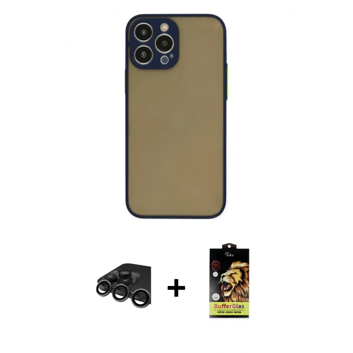 MARSİLYAN™- iPhone 15 Pro Kılıf Ahenk Çizgi Serisi - Siyah Buffer Cam Ekran Koruyucu + Raze Metal Kamera Lens - TMGI