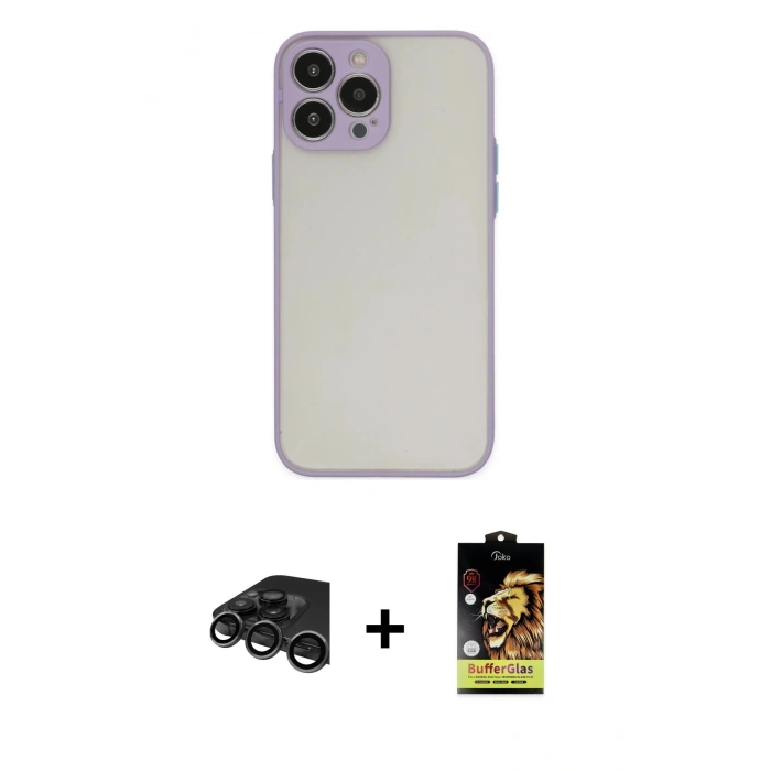 MARSİLYAN™- iPhone 15 Pro Kılıf Ahenk Çizgi Serisi - Siyah Buffer Cam Ekran Koruyucu + Raze Metal Kamera Lens - TMGI
