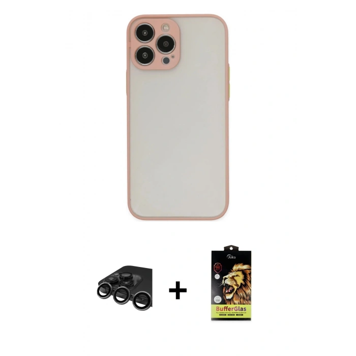 MARSİLYAN™- iPhone 15 Pro Kılıf Ahenk Çizgi Serisi - Siyah Buffer Cam Ekran Koruyucu + Raze Metal Kamera Lens - TMGI