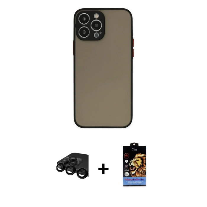 MARSİLYAN™- iPhone 15 Pro Kılıf Ahenk Çizgi Serisi - Siyah Buffer Hayalet Cam Ekran Koruyucu + Raze Metal Kamera Lens - SH