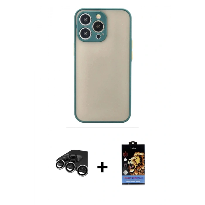 MARSİLYAN™- iPhone 15 Pro Kılıf Ahenk Çizgi Serisi - Siyah Buffer Hayalet Cam Ekran Koruyucu + Raze Metal Kamera Lens - GS