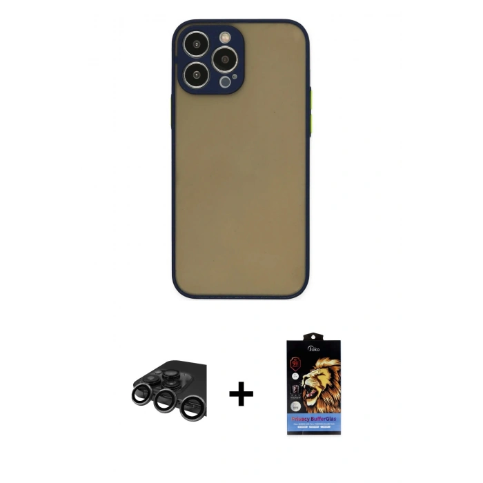 MARSİLYAN™- iPhone 15 Pro Kılıf Ahenk Çizgi Serisi - Siyah Buffer Hayalet Cam Ekran Koruyucu + Raze Metal Kamera Lens - TMGI