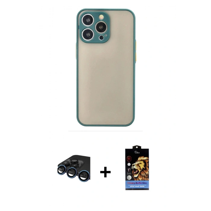 MARSİLYAN™- iPhone 15 Pro Kılıf Ahenk Çizgi Serisi - Siyah Buffer Hayalet Cam Ekran Koruyucu + Raze Metal Kamera Lens - LT
