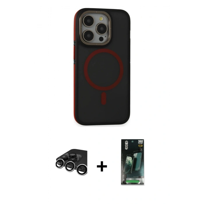MARSİLYAN™- iPhone 15 Pro Kılıf Ahenk Form Serisi - Siyah 360 Mat Full Body Arka Koruyucu + Raze Metal Kamera Lens - GS