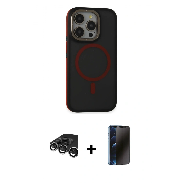 MARSİLYAN™- iPhone 15 Pro Kılıf Ahenk Form Serisi - Siyah 3D Antistatik Hayalet Cam Ekran Koruyucu + Raze Metal Kamera Lens - GS