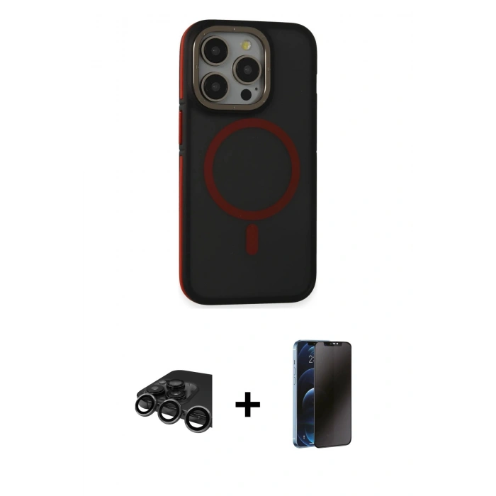 MARSİLYAN™- iPhone 15 Pro Kılıf Ahenk Form Serisi - Siyah 3D Antistatik Hayalet Cam Ekran Koruyucu + Raze Metal Kamera Lens - TMGI