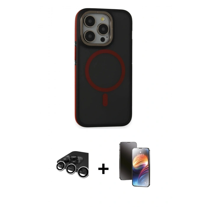 MARSİLYAN™- iPhone 15 Pro Kılıf Ahenk Form Serisi - Siyah 3D Antistatik Mat Seramik Nano Ekran Koruyucu + Raze Metal Kamera Lens - GS