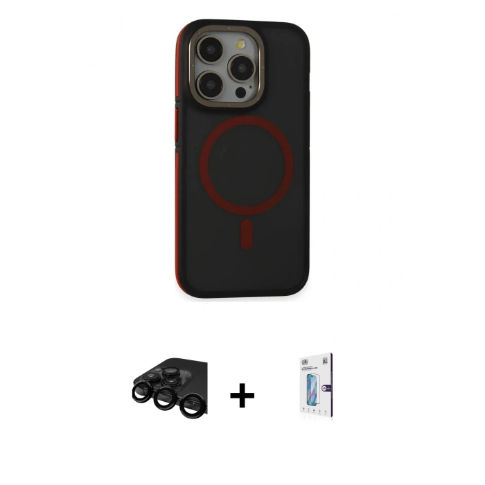 MARSİLYAN™- iPhone 15 Pro Kılıf Ahenk Form Serisi - Siyah Bilvis 0.18mm Plus Cam Ekran Koruyucu + Raze Metal Kamera Lens - SH