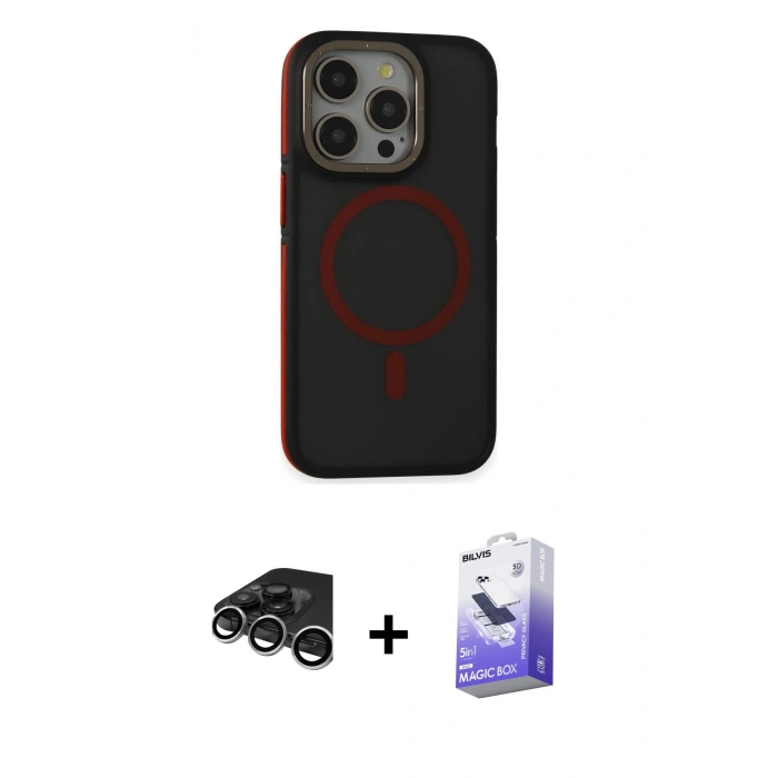 MARSİLYAN™- iPhone 15 Pro Kılıf Ahenk Form Serisi - Siyah Bilvis 5in1 5D Magic Hayalet Cam Ekran Koruyucu + Raze Metal Kamera Lens - GS