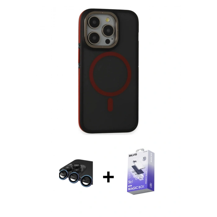 MARSİLYAN™- iPhone 15 Pro Kılıf Ahenk Form Serisi - Siyah Bilvis 5in1 5D Magic Hayalet Cam Ekran Koruyucu + Lacivert Raze Metal Kamera Lens