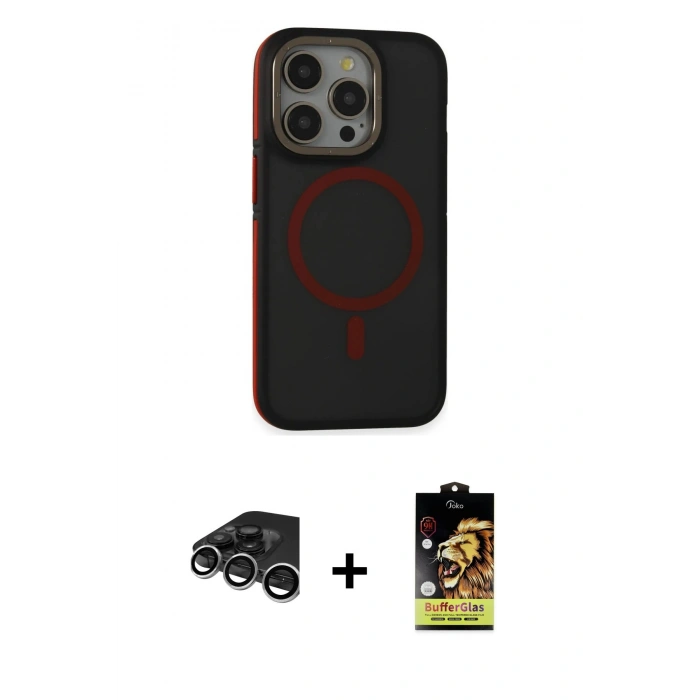 MARSİLYAN™- iPhone 15 Pro Kılıf Ahenk Form Serisi - Siyah Buffer Cam Ekran Koruyucu + Raze Metal Kamera Lens - GS
