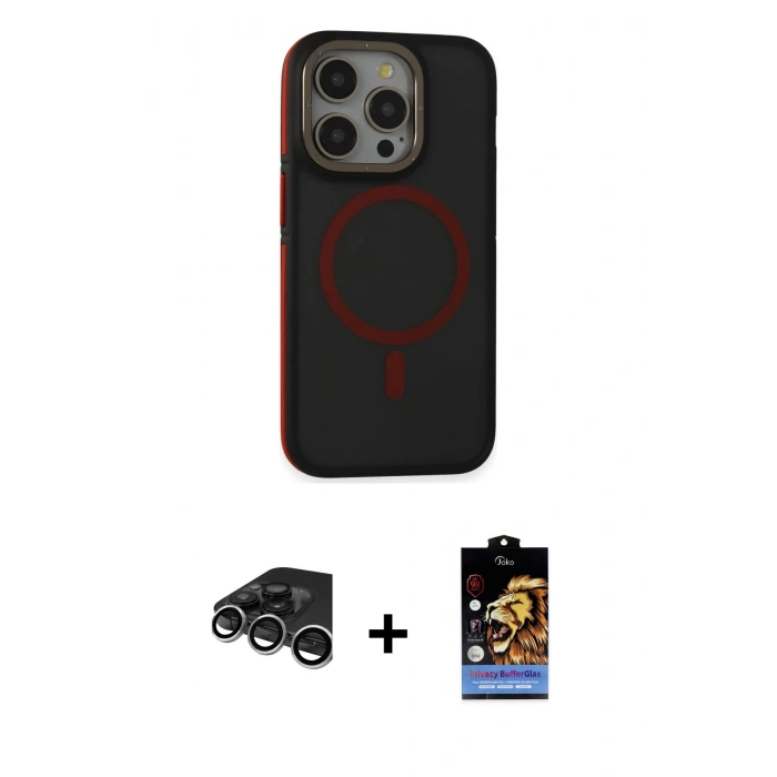 MARSİLYAN™- iPhone 15 Pro Kılıf Ahenk Form Serisi - Siyah Buffer Hayalet Cam Ekran Koruyucu + Raze Metal Kamera Lens - GS