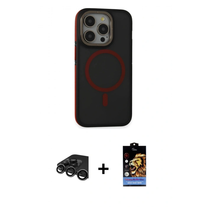 MARSİLYAN™- iPhone 15 Pro Kılıf Ahenk Form Serisi - Siyah Buffer Hayalet Cam Ekran Koruyucu + Raze Metal Kamera Lens - TMGI