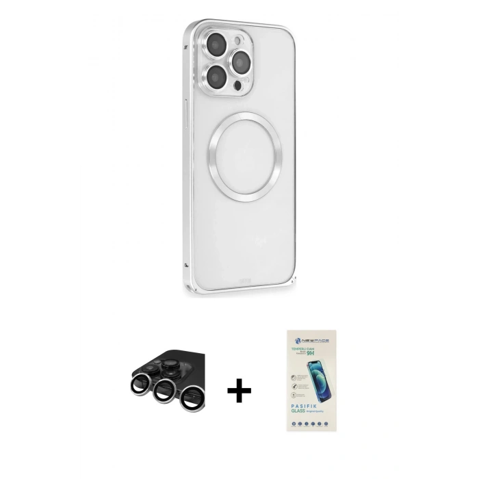 MARSİLYAN™- iPhone 15 Pro Kılıf Ahenk Işık Serisi - Şeffaf Pasifik Cam Ekran Koruyucu + Raze Metal Kamera Lens - GS