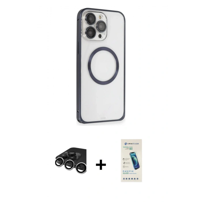 MARSİLYAN™- iPhone 15 Pro Kılıf Ahenk Işık Serisi - Şeffaf Pasifik Cam Ekran Koruyucu + Raze Metal Kamera Lens - GS