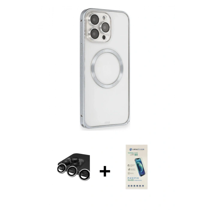 MARSİLYAN™- iPhone 15 Pro Kılıf Ahenk Işık Serisi - Şeffaf Pasifik Cam Ekran Koruyucu + Raze Metal Kamera Lens - GS