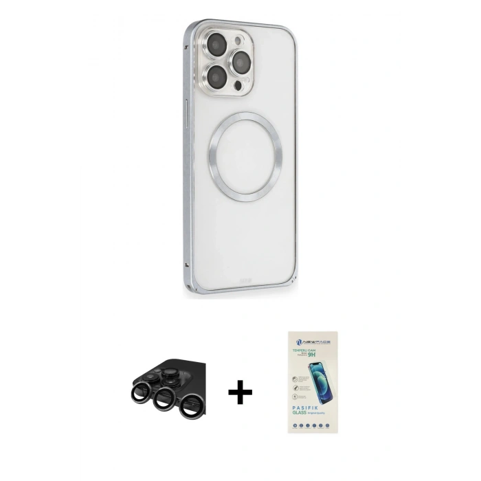 MARSİLYAN™- iPhone 15 Pro Kılıf Ahenk Işık Serisi - Şeffaf Pasifik Cam Ekran Koruyucu + Raze Metal Kamera Lens - TMGI