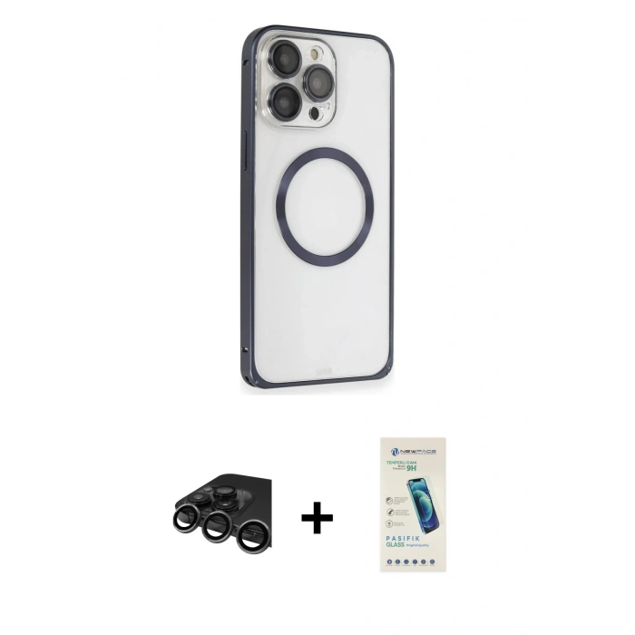 MARSİLYAN™- iPhone 15 Pro Kılıf Ahenk Işık Serisi - Şeffaf Pasifik Cam Ekran Koruyucu + Raze Metal Kamera Lens - TMGI