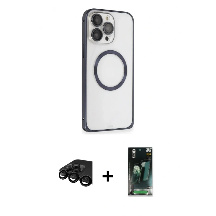 MARSİLYAN™- iPhone 15 Pro Kılıf Ahenk Işık Serisi - Siyah 360 Mat Full Body Arka Koruyucu + Raze Metal Kamera Lens - SH
