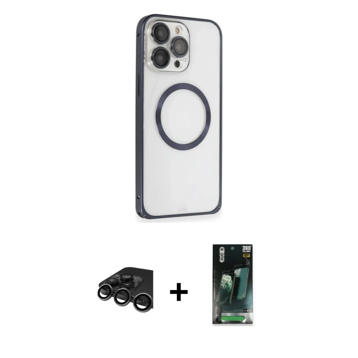 MARSİLYAN™- iPhone 15 Pro Kılıf Ahenk Işık Serisi - Siyah 360 Mat Full Body Arka Koruyucu + Raze Metal Kamera Lens - TMGI