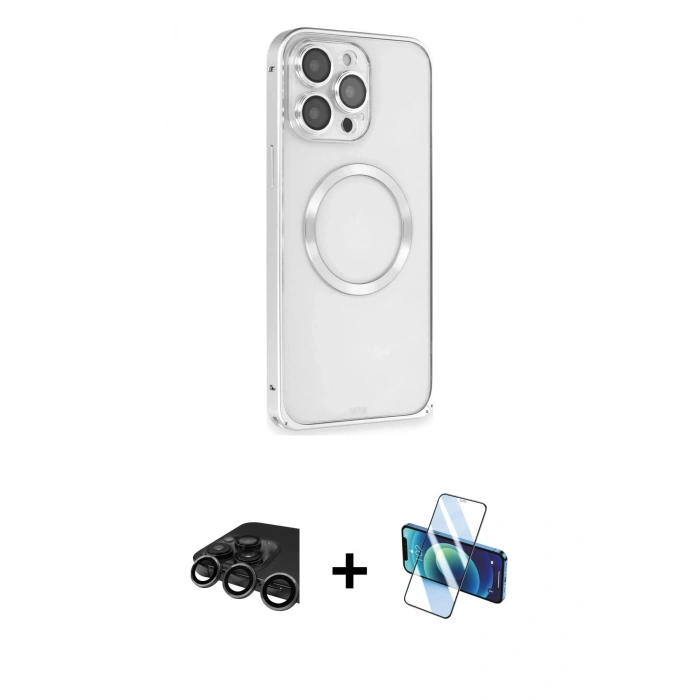 MARSİLYAN™- iPhone 15 Pro Kılıf Ahenk Işık Serisi - Siyah 3D Antistatik Cam Ekran Koruyucu + Raze Metal Kamera Lens - TMGI