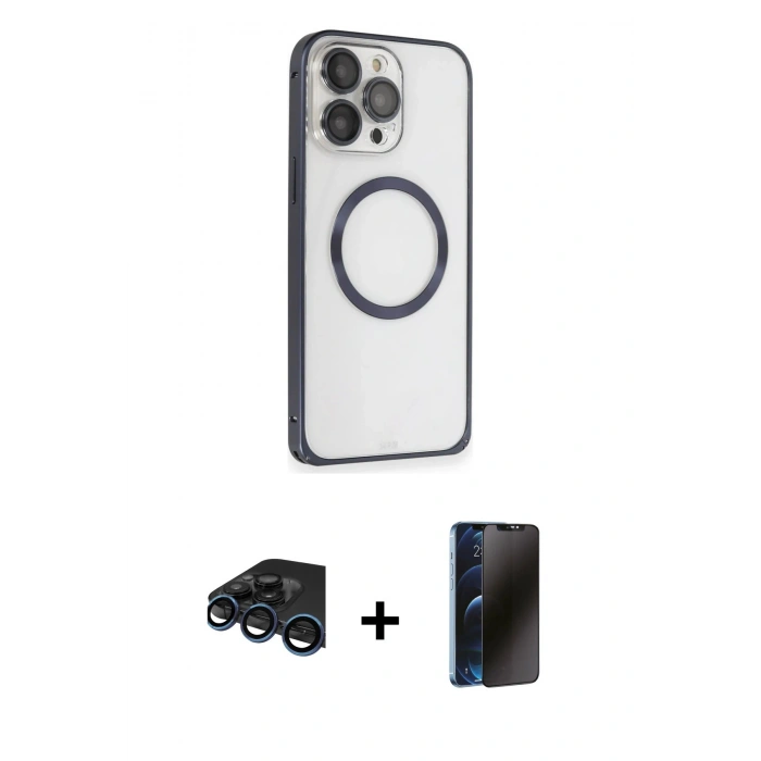 MARSİLYAN™- iPhone 15 Pro Kılıf Ahenk Işık Serisi - Siyah 3D Antistatik Hayalet Cam Ekran Koruyucu + Raze Metal Kamera Lens - LT