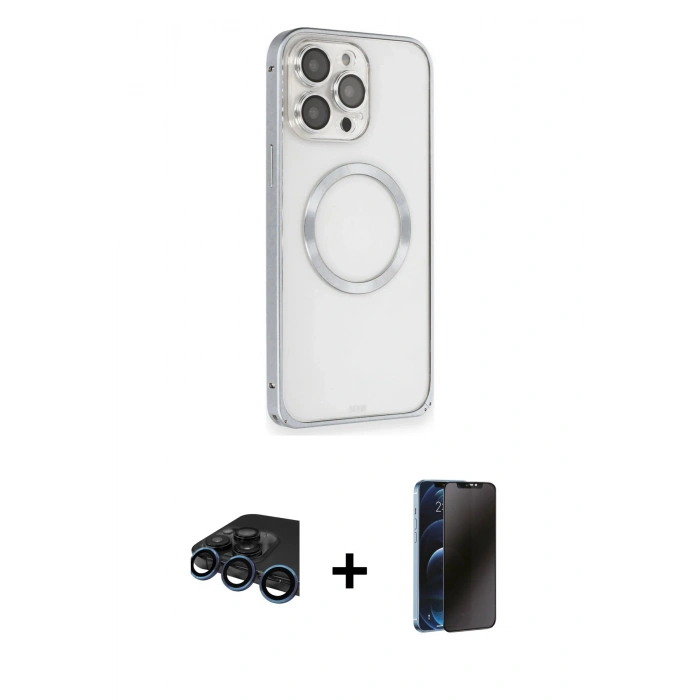 MARSİLYAN™- iPhone 15 Pro Kılıf Ahenk Işık Serisi - Siyah 3D Antistatik Hayalet Cam Ekran Koruyucu + Raze Metal Kamera Lens - LT