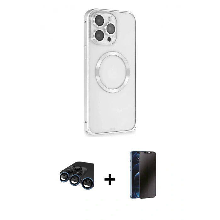 MARSİLYAN™- iPhone 15 Pro Kılıf Ahenk Işık Serisi - Siyah 3D Antistatik Hayalet Cam Ekran Koruyucu + Raze Metal Kamera Lens - LT
