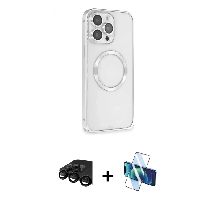 MARSİLYAN™- iPhone 15 Pro Kılıf Ahenk Işık Serisi - Siyah 3D Antistatik Seramik Nano Ekran Koruyucu + Raze Metal Kamera Lens - SH