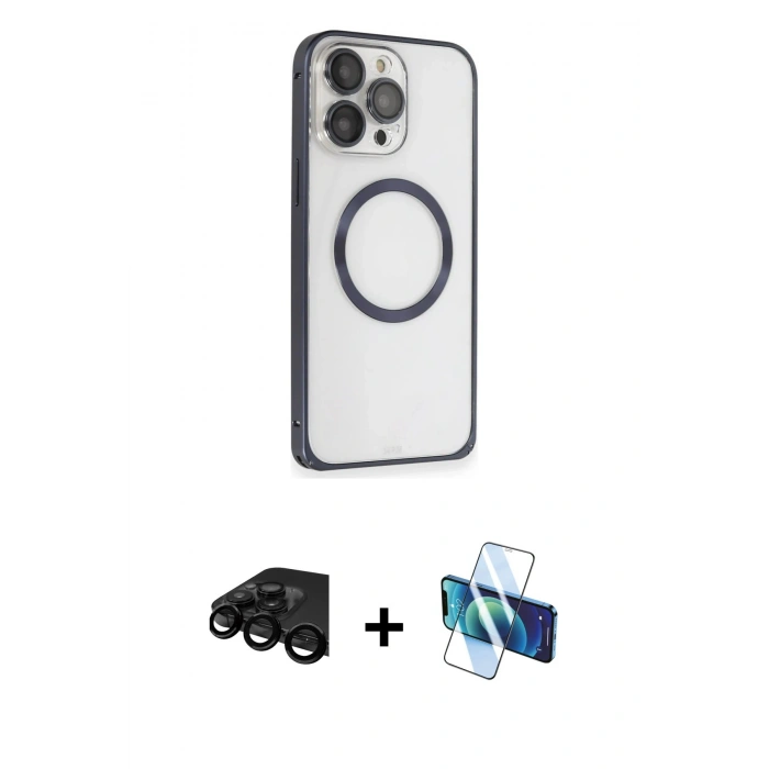 MARSİLYAN™- iPhone 15 Pro Kılıf Ahenk Işık Serisi - Siyah 3D Antistatik Seramik Nano Ekran Koruyucu + Raze Metal Kamera Lens - SH